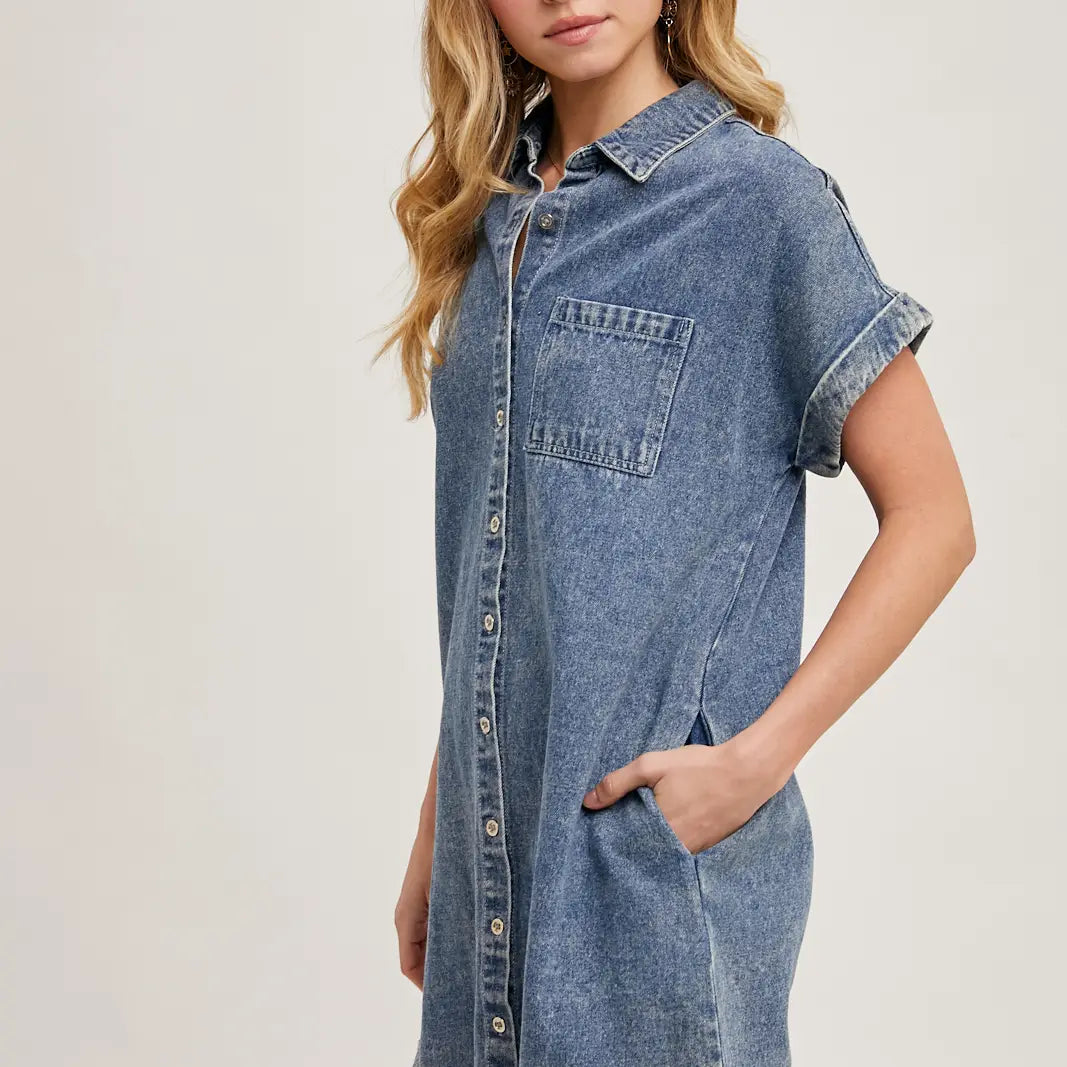 FRAYED HEM DENIM SHIRT DRESS