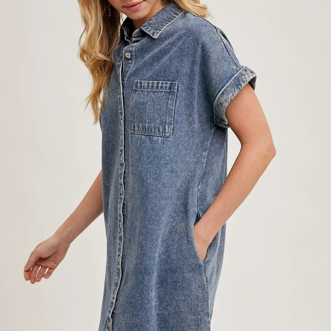 FRAYED HEM DENIM SHIRT DRESS