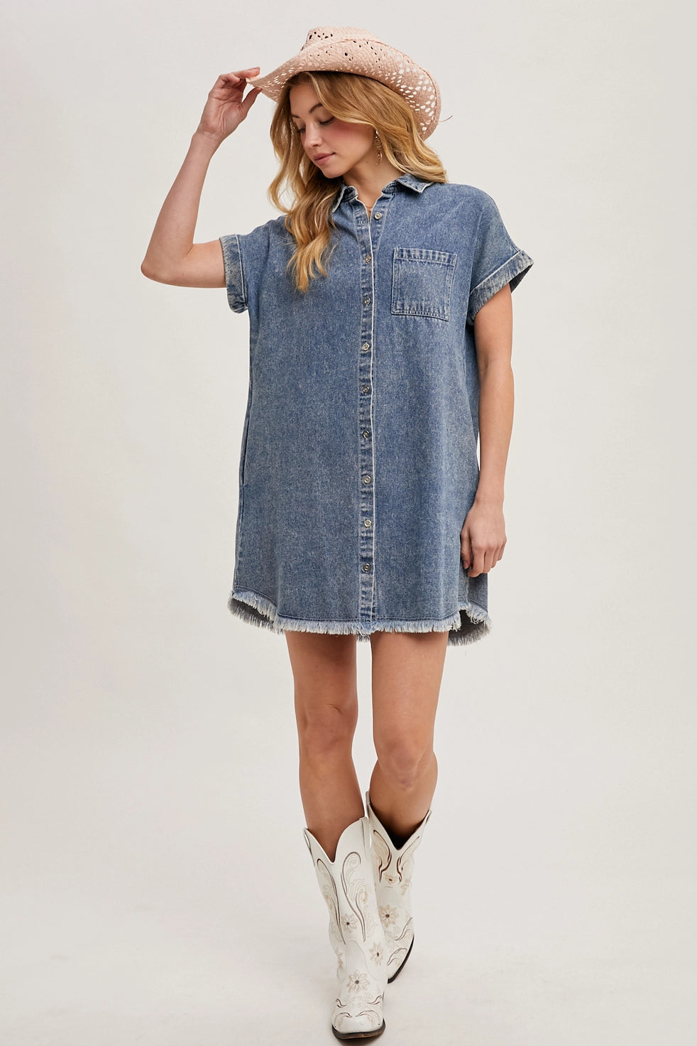 FRAYED HEM DENIM SHIRT DRESS