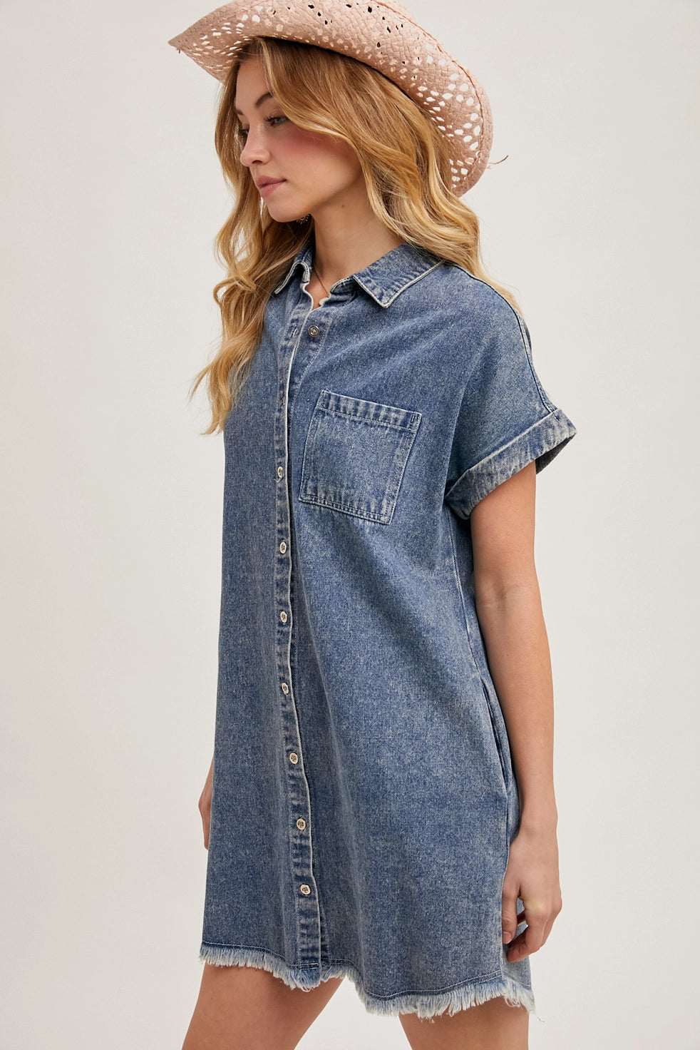 FRAYED HEM DENIM SHIRT DRESS