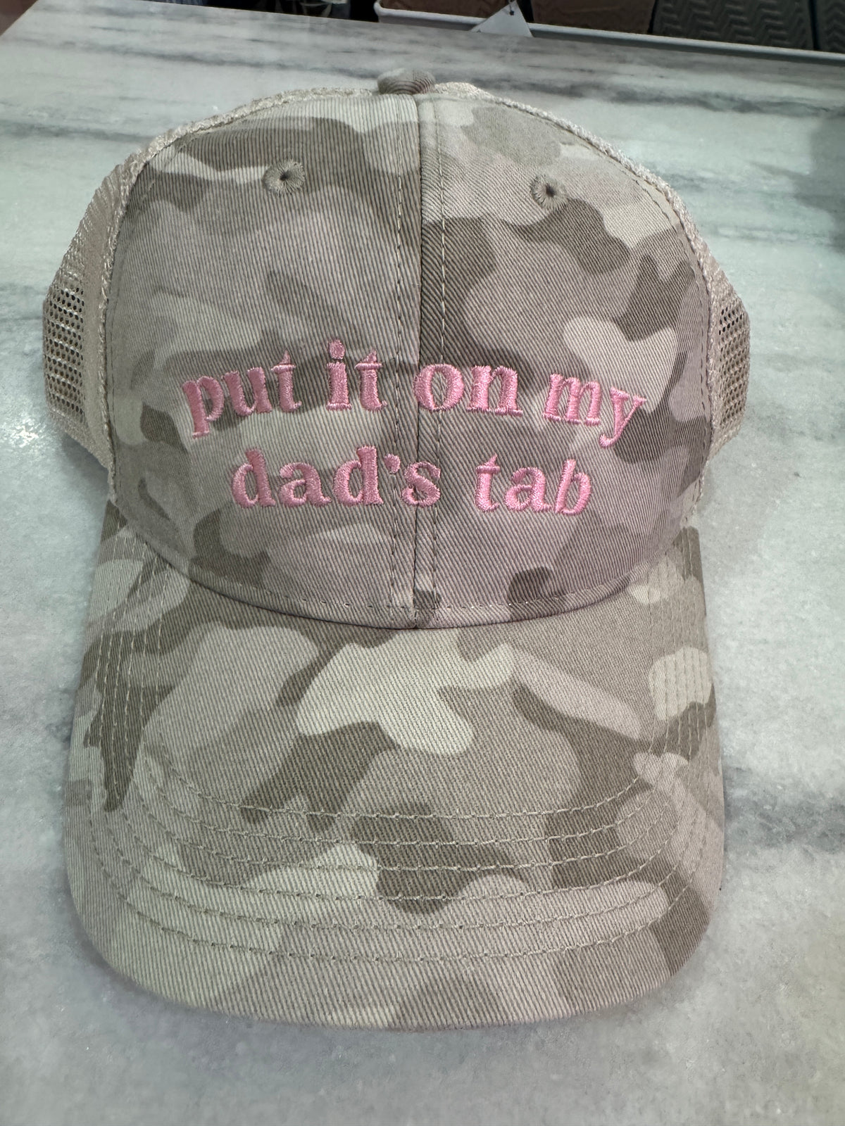PUT IT ON MY DADS TAB STONE FIELD CAMO TRUCKER