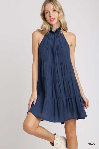 SLEEVELESS HALTER RIBBON TIE DRESS