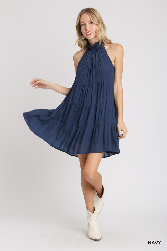 SLEEVELESS HALTER RIBBON TIE DRESS