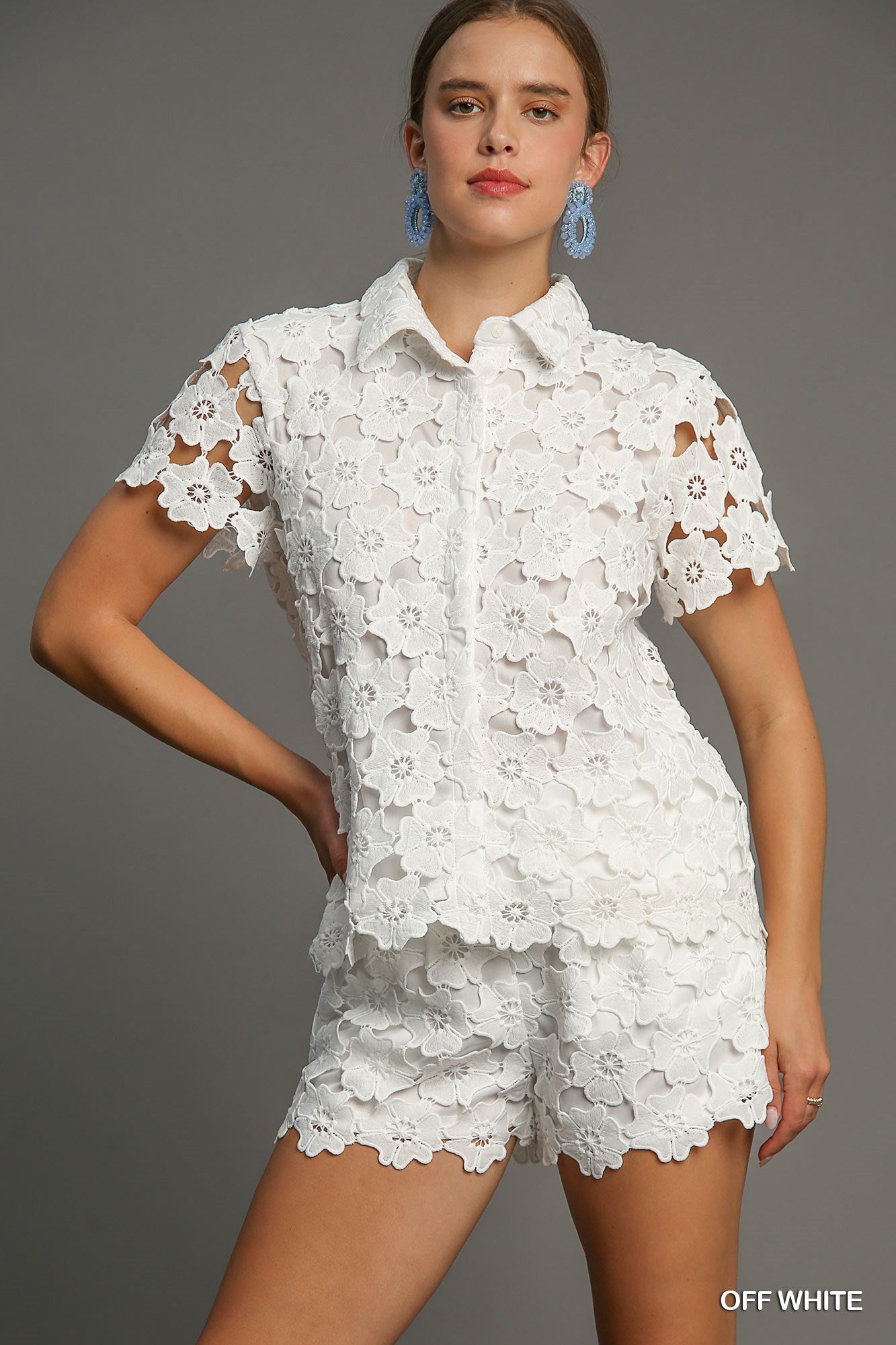 PERIWINKLE FLORAL LACE BUTTON DOWN TOP