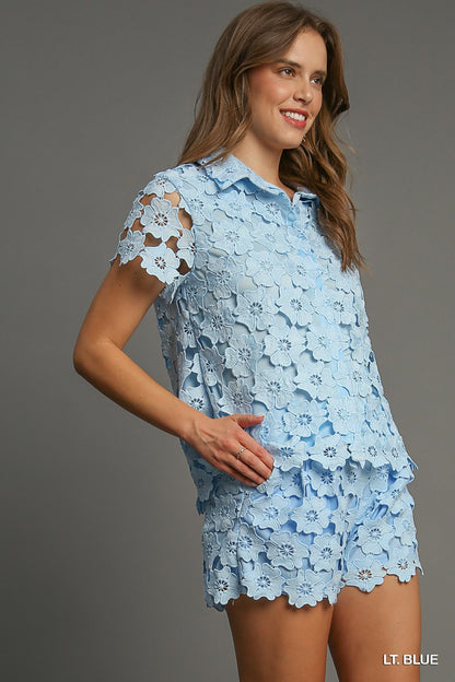 PERIWINKLE FLORAL LACE BUTTON DOWN TOP