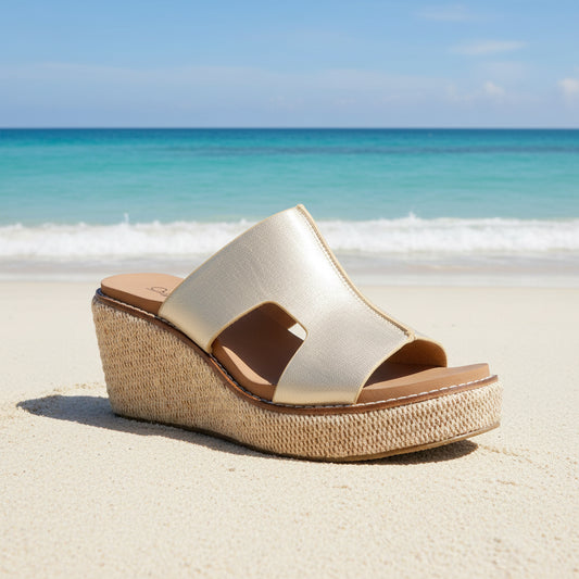 CORKYS: KISS N' TELL - WASHED GOLD METALLIC WEDGE SANDAL