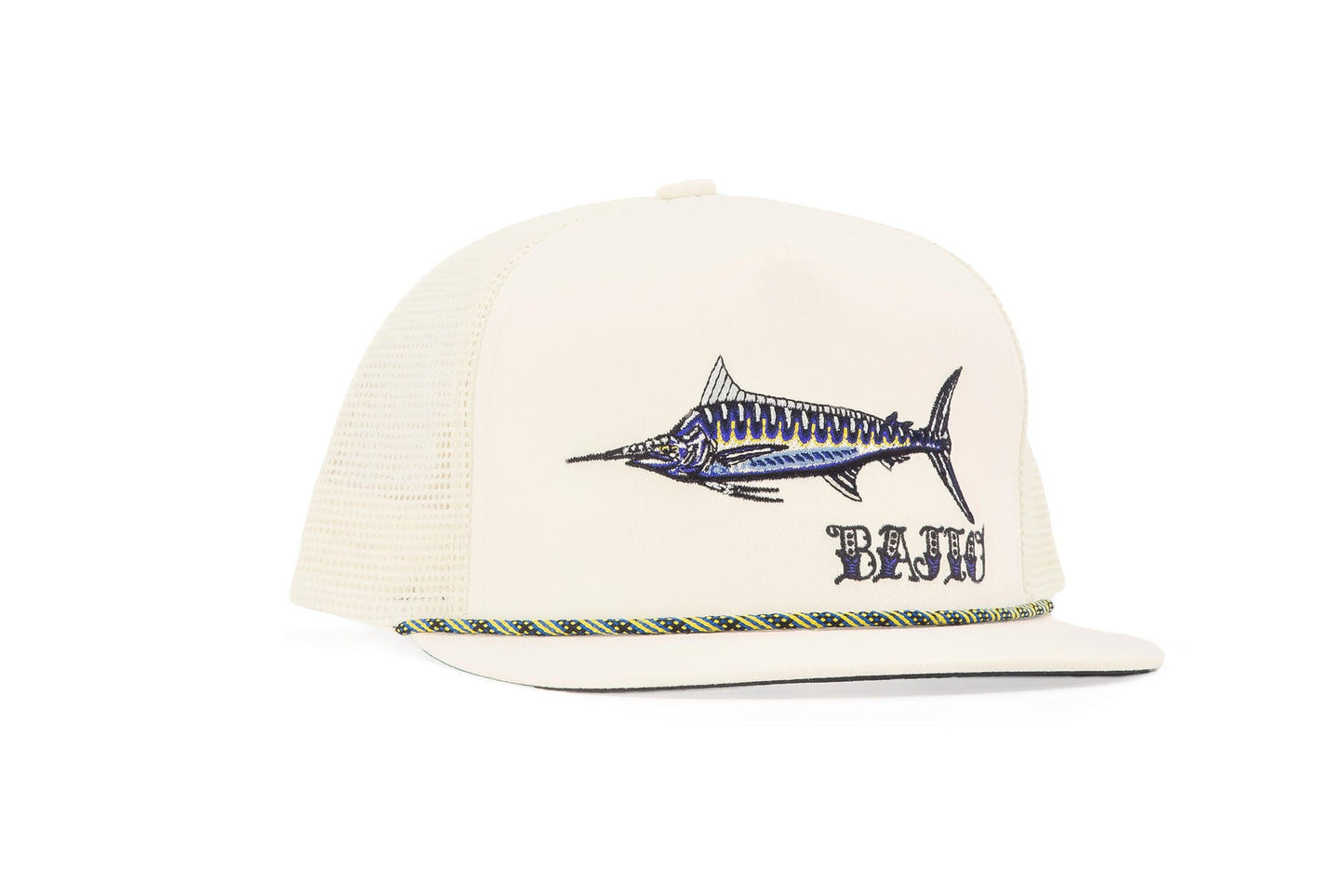 BAJIO BLACK MARLIN FLAT BRIM TWILL TRUCKER HAT