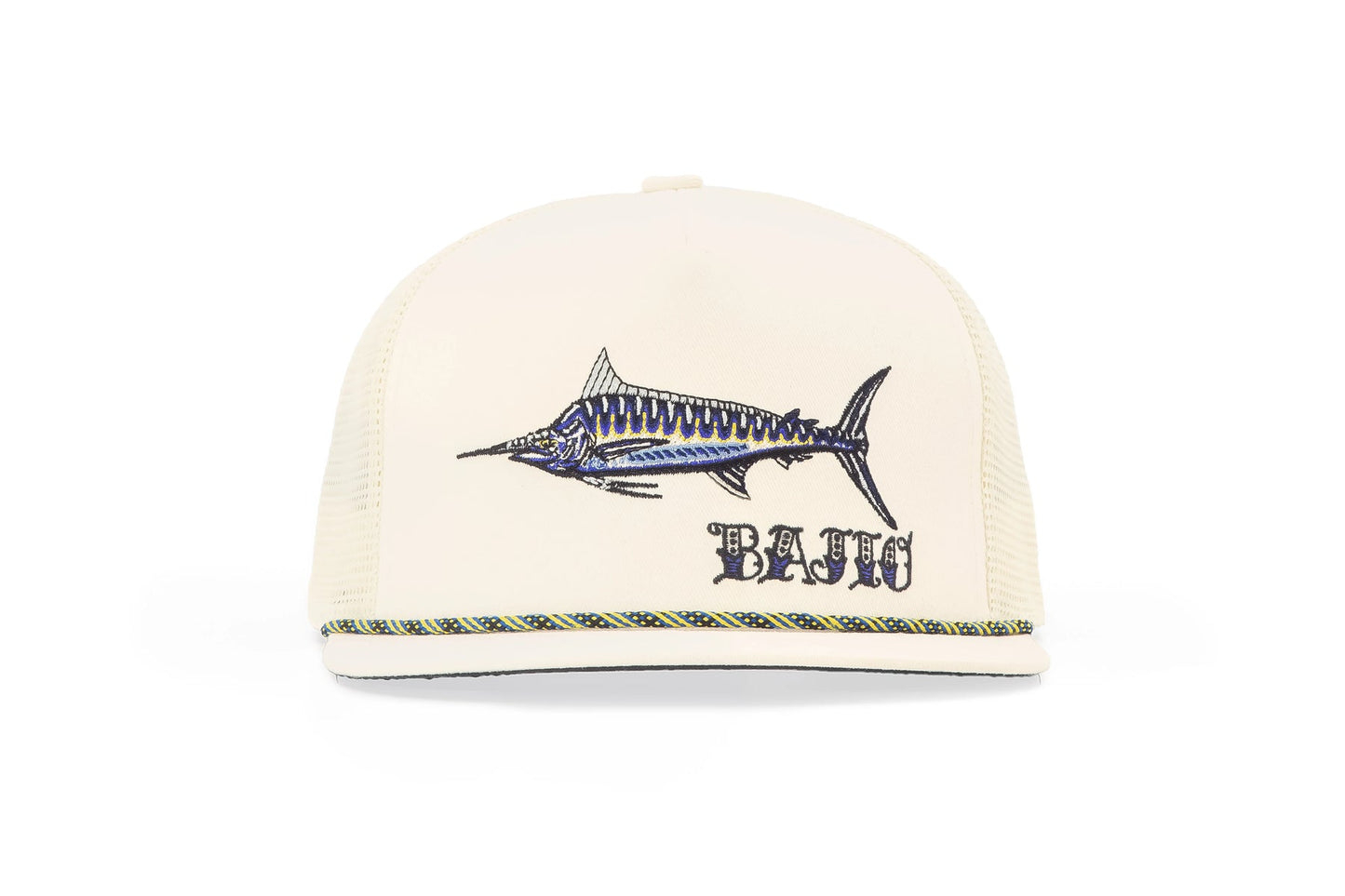 BAJIO BLACK MARLIN FLAT BRIM TWILL TRUCKER HAT
