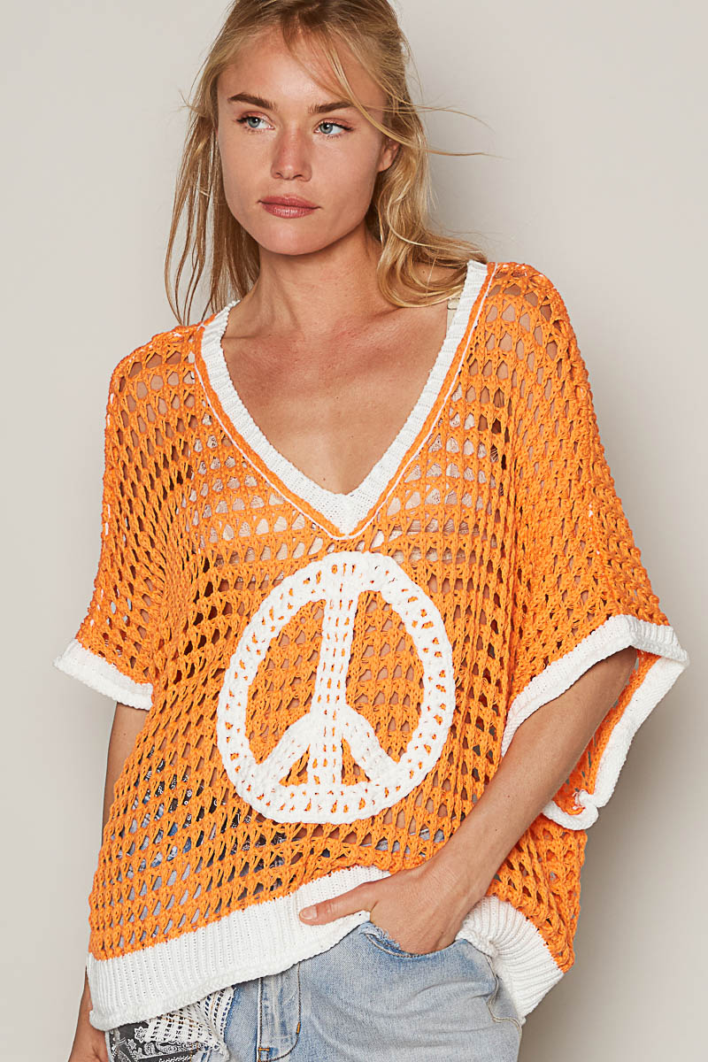 KNIT SHORT SLEEVE PEACE SIGN SWEATER