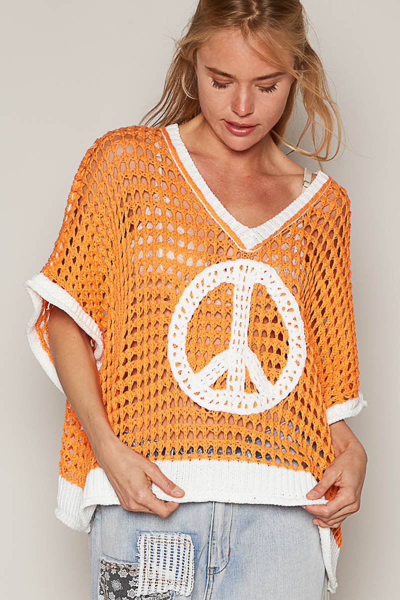 KNIT SHORT SLEEVE PEACE SIGN SWEATER