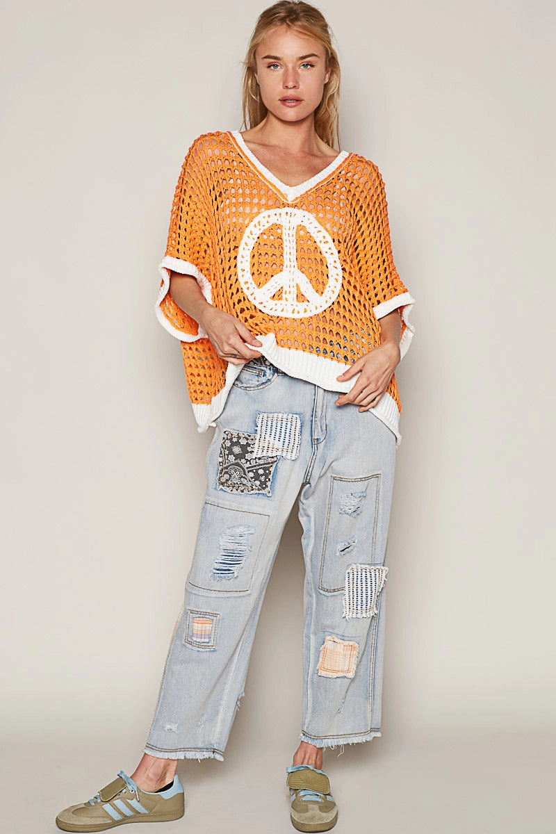 KNIT SHORT SLEEVE PEACE SIGN SWEATER