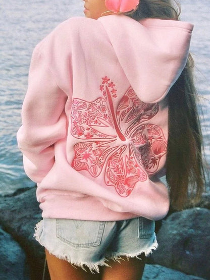 HAWAII HIBISCUS FLORAL EMBROIDERED OVERSIZE HOODIE