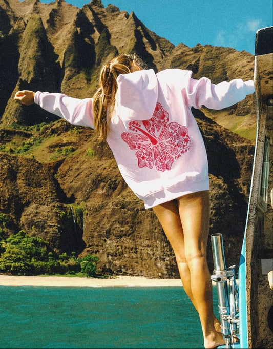 HAWAII HIBISCUS FLORAL EMBROIDERED OVERSIZE HOODIE