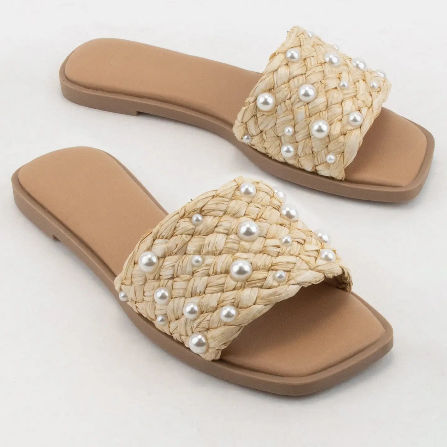 PEARL AND WOVEN RAFFIA SLIDE SANDALS