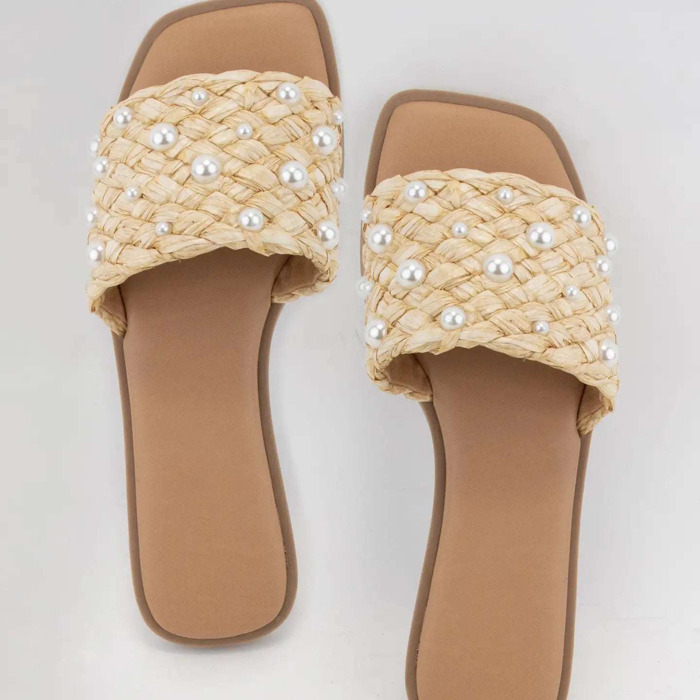 PEARL AND WOVEN RAFFIA SLIDE SANDALS