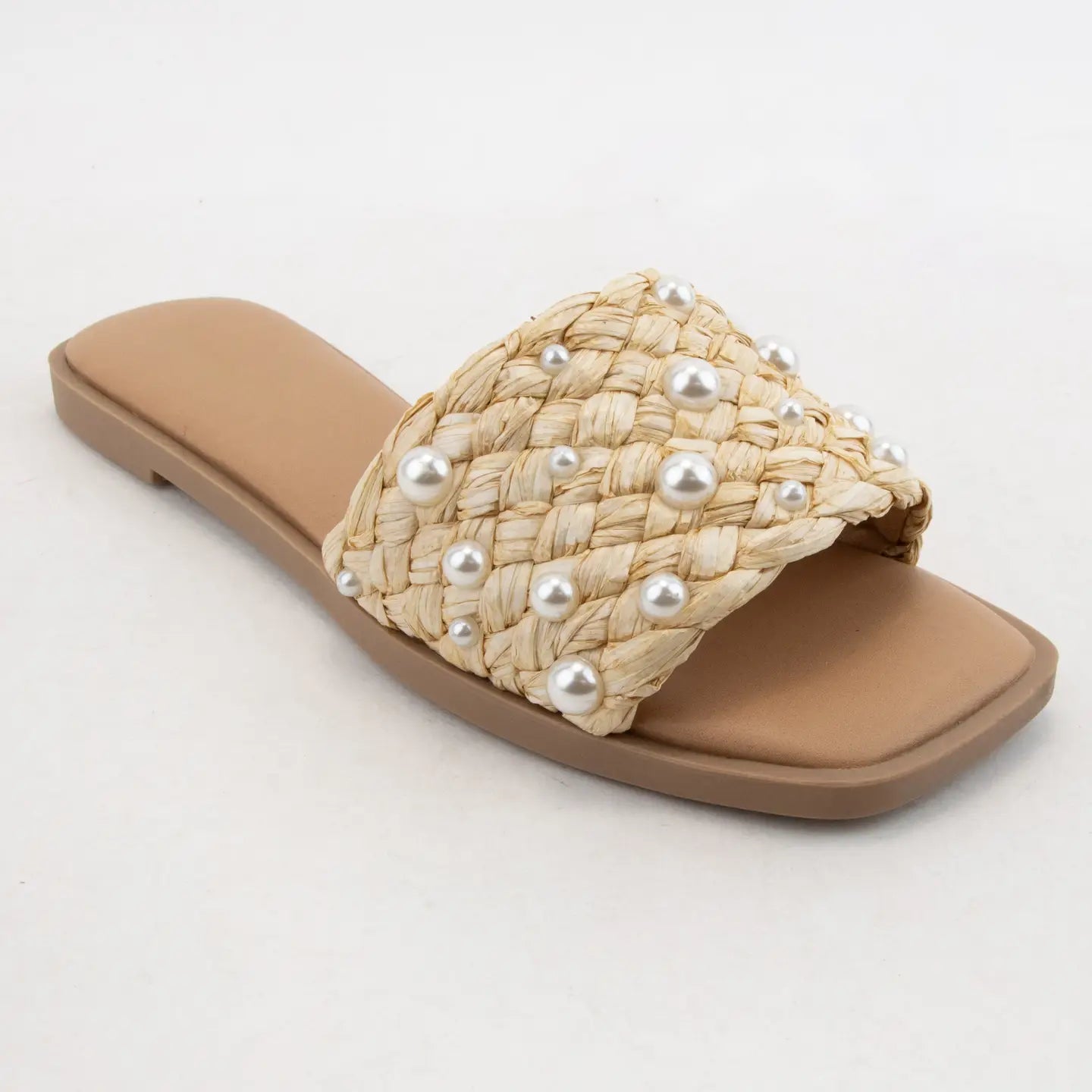 PEARL AND WOVEN RAFFIA SLIDE SANDALS