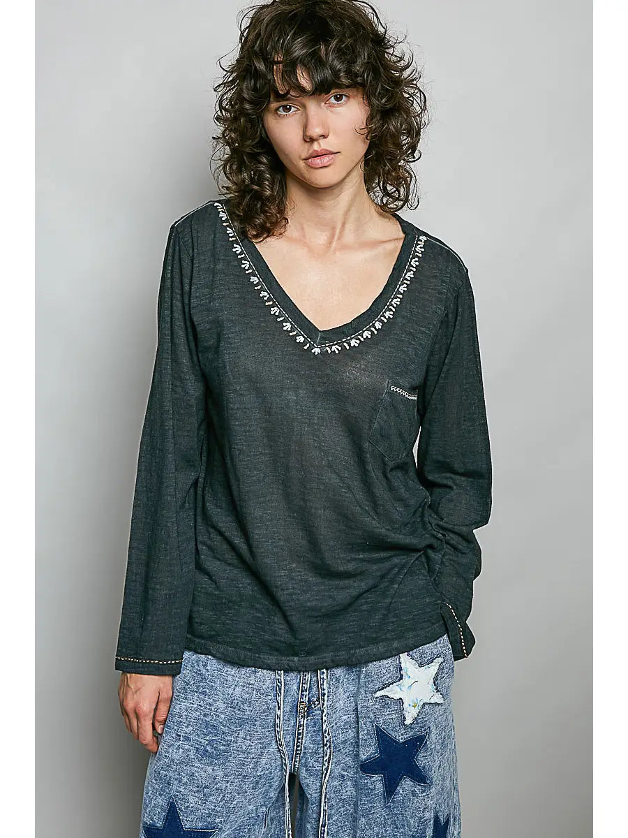 SARAH HAND STITCHED V-NECK TOP