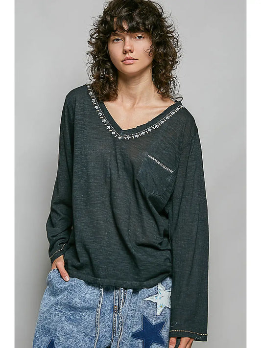 SARAH HAND STITCHED V-NECK TOP