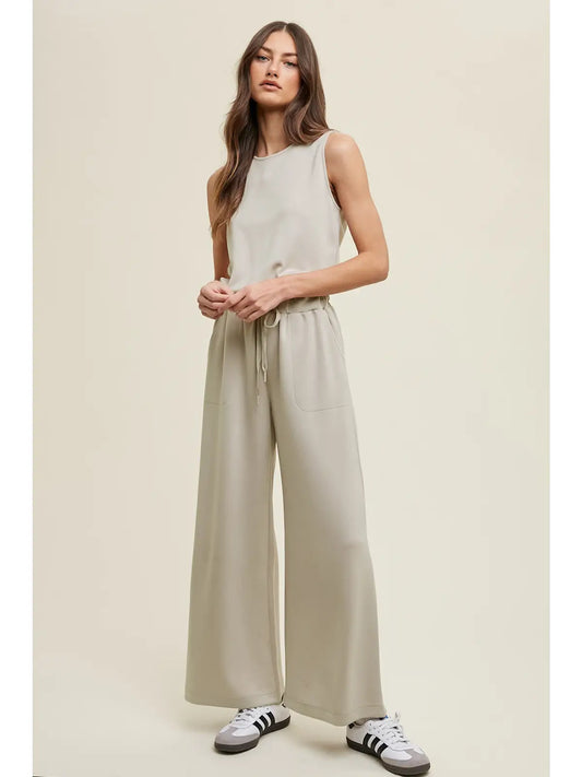 WIDE LEG SCUBA JUMPSUIT W/ DRAWSTRING