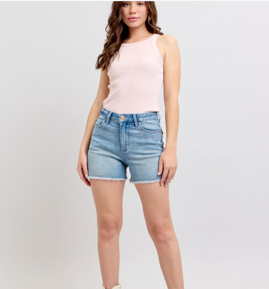 JUDY BLUE HW WESTERN EMBROIDERY DETAIL CUT OFF SHORTS