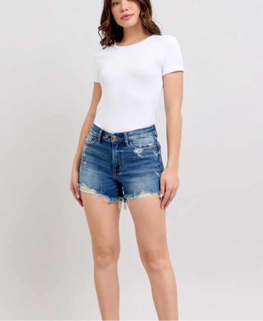 JUDY BLUE 2 BUTTON W/ DISTRESSED HEM SHORTS