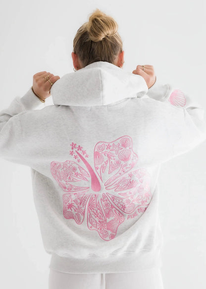 HAWAII HIBISCUS FLORAL EMBROIDERED OVERSIZE HOODIE