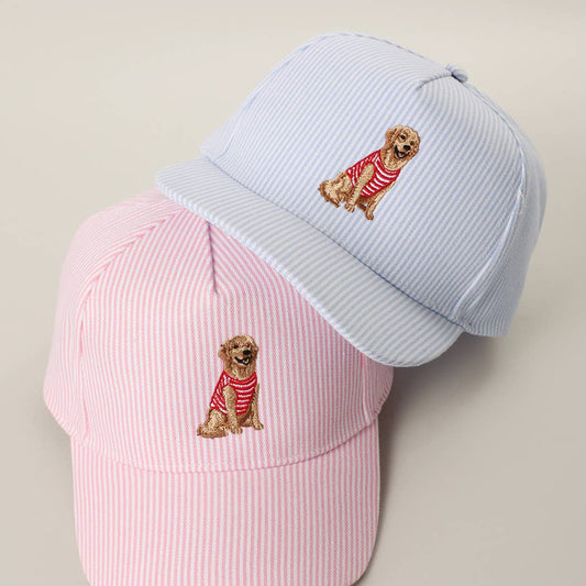 Golden Retriever Embroidered Seersucker Stripe Trucker Hat
