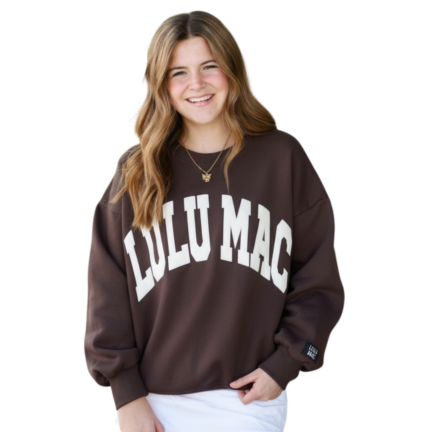 LULU MAC BROWN W/ WHITE PUFF LETTERS SWEATSHIRT