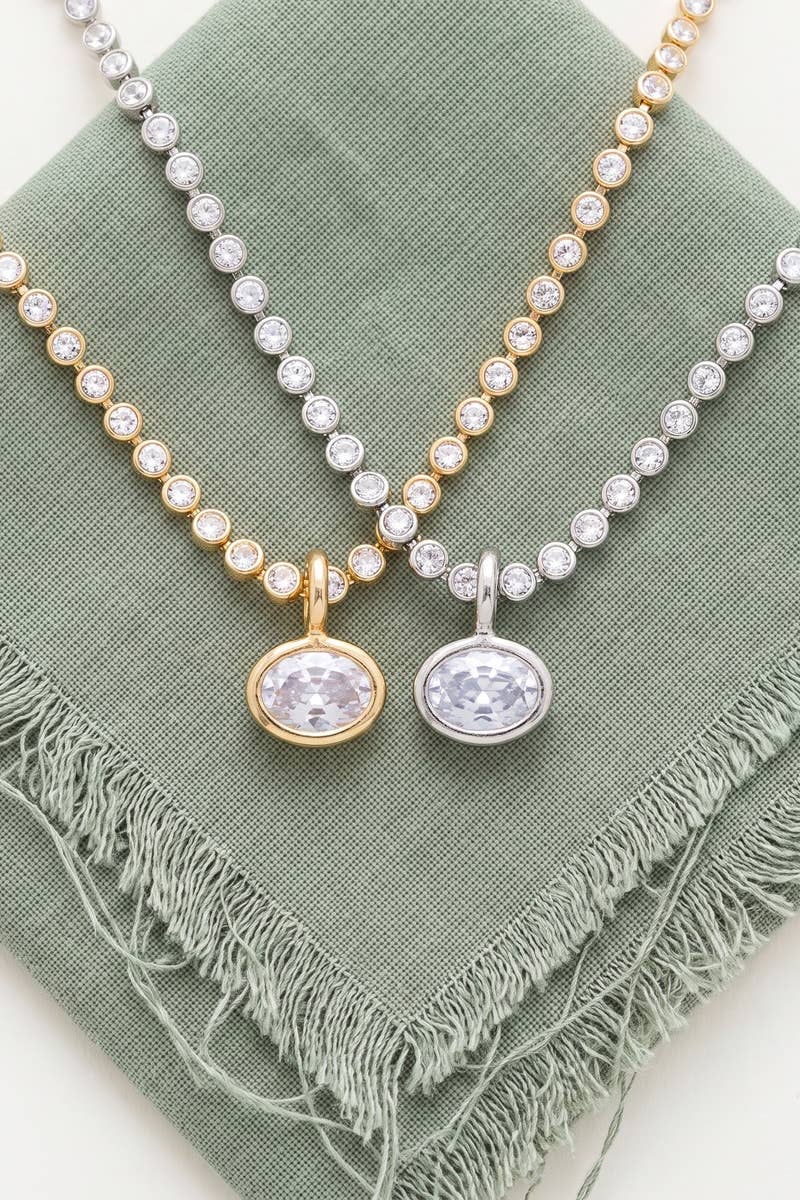 BEZEL OVAL PENDANT TENNIS CHAIN NECKLACE