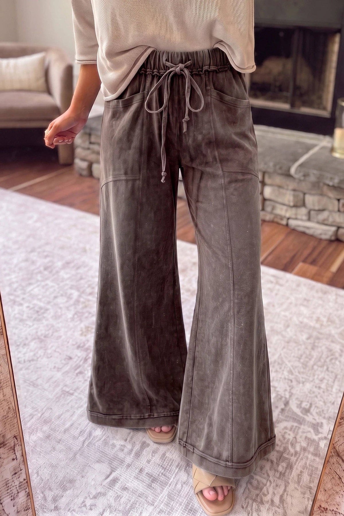 Ashleigh  Mineral Wash Seam Detail Flare Leg Drawstring Pants