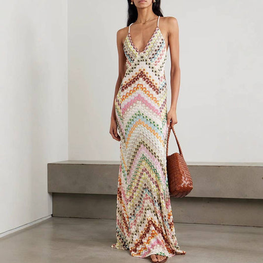 BOHEMIAN HERRINGBONE MESH MAXI DRESS