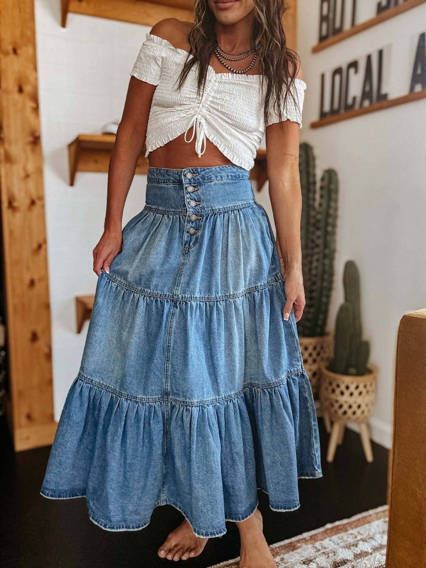 BOHEMIAN TIERED DENIM SKIRT