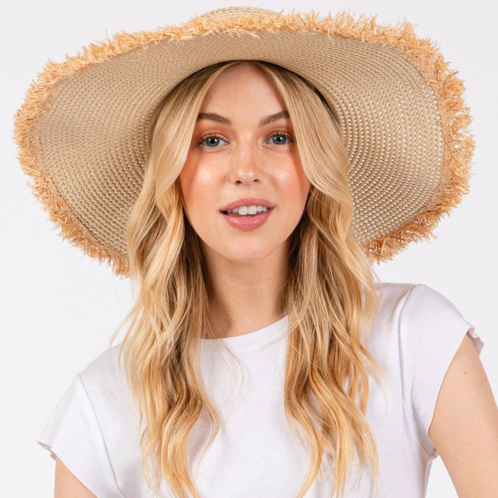 JACKIE FRAYED EDGE FLOPPY STRAW SUN HAT