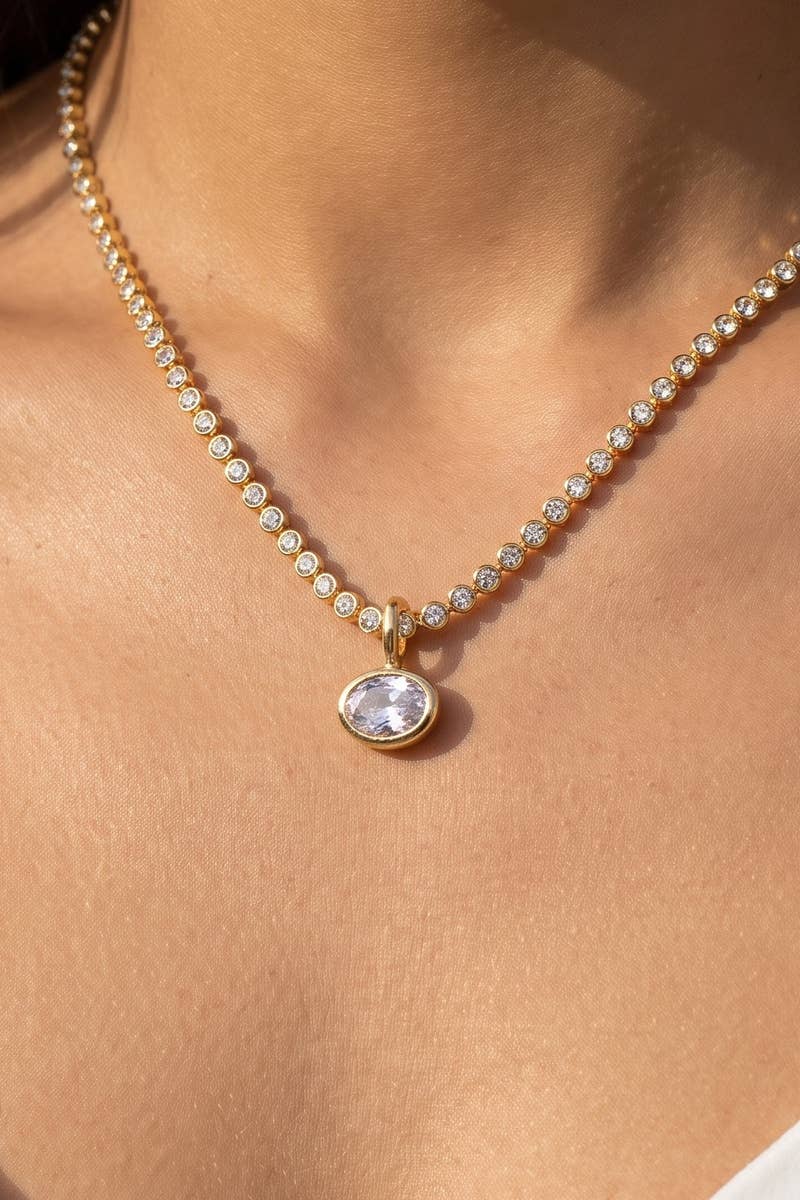 BEZEL OVAL PENDANT TENNIS CHAIN NECKLACE