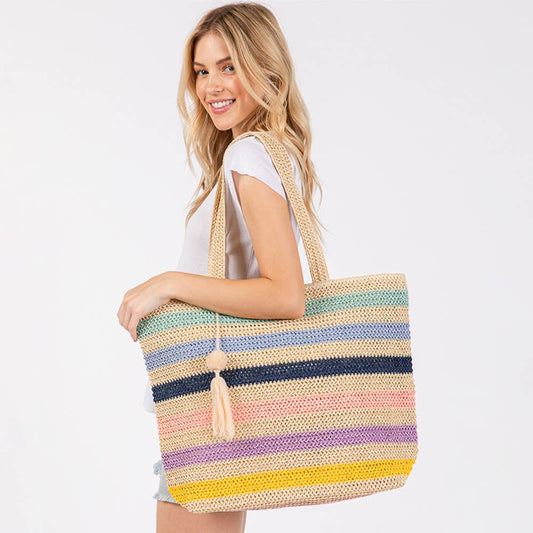 POM POM TASSEL MULTI-STRIPE TOTE BEACH BAG