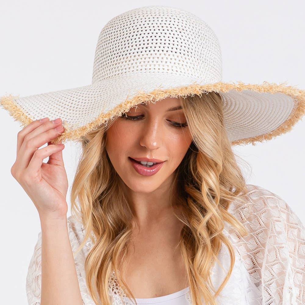 JACKIE FRAYED EDGE FLOPPY STRAW SUN HAT
