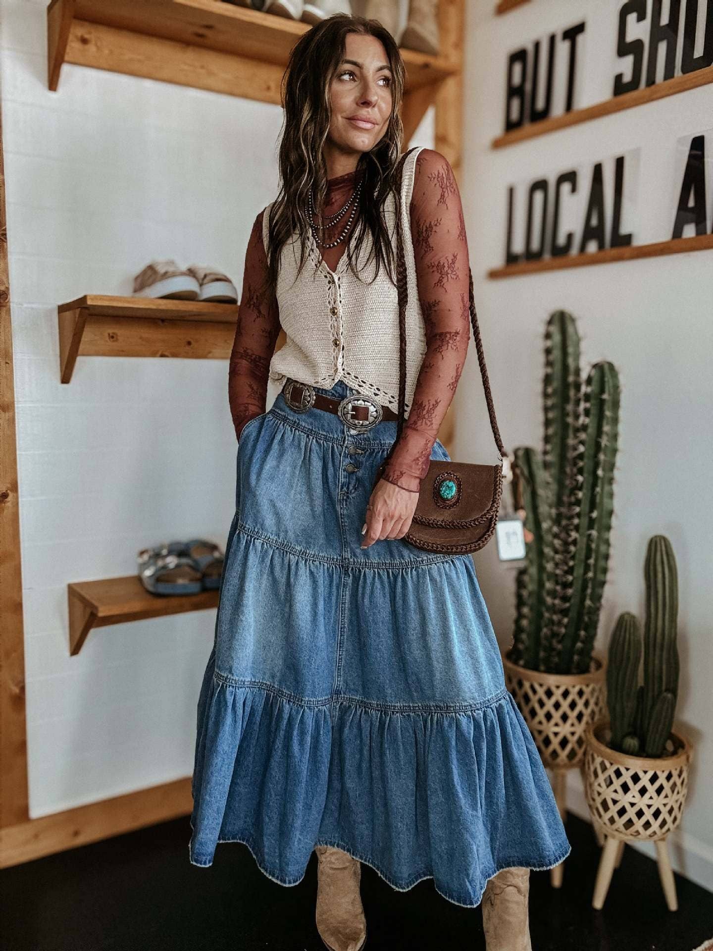 BOHEMIAN TIERED DENIM SKIRT