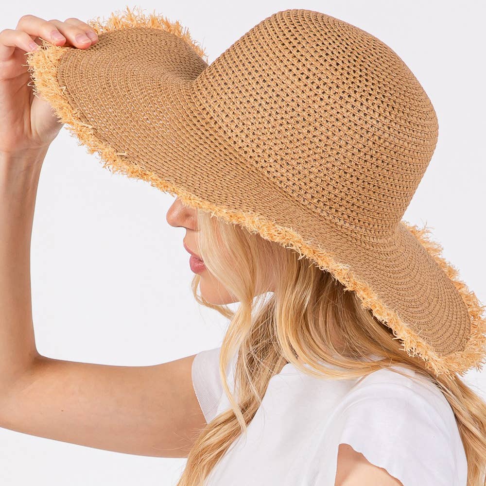 JACKIE FRAYED EDGE FLOPPY STRAW SUN HAT