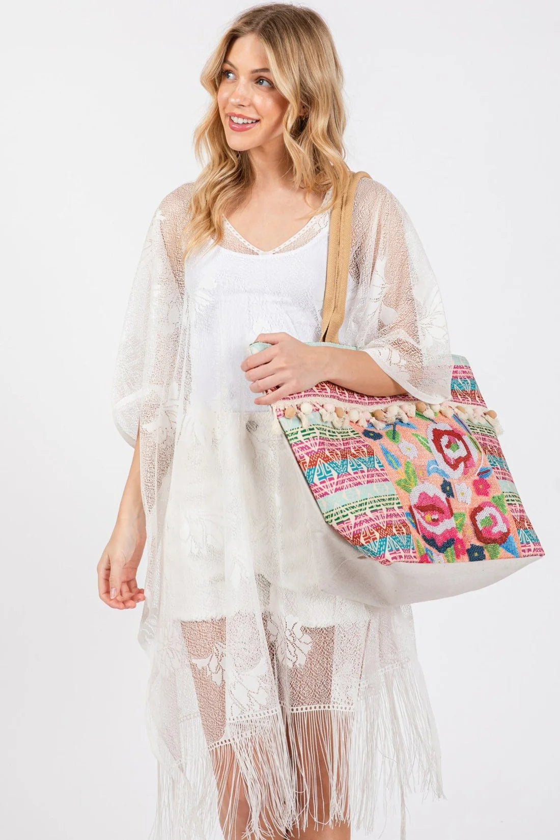 VIOLETA BOHO ROSE PRINT TASSEL TOTE BAG